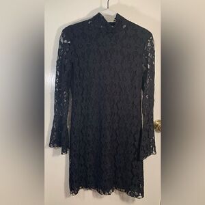 INC EUC black lace high neck bell sleeve long sleeve lined dress Size medium
